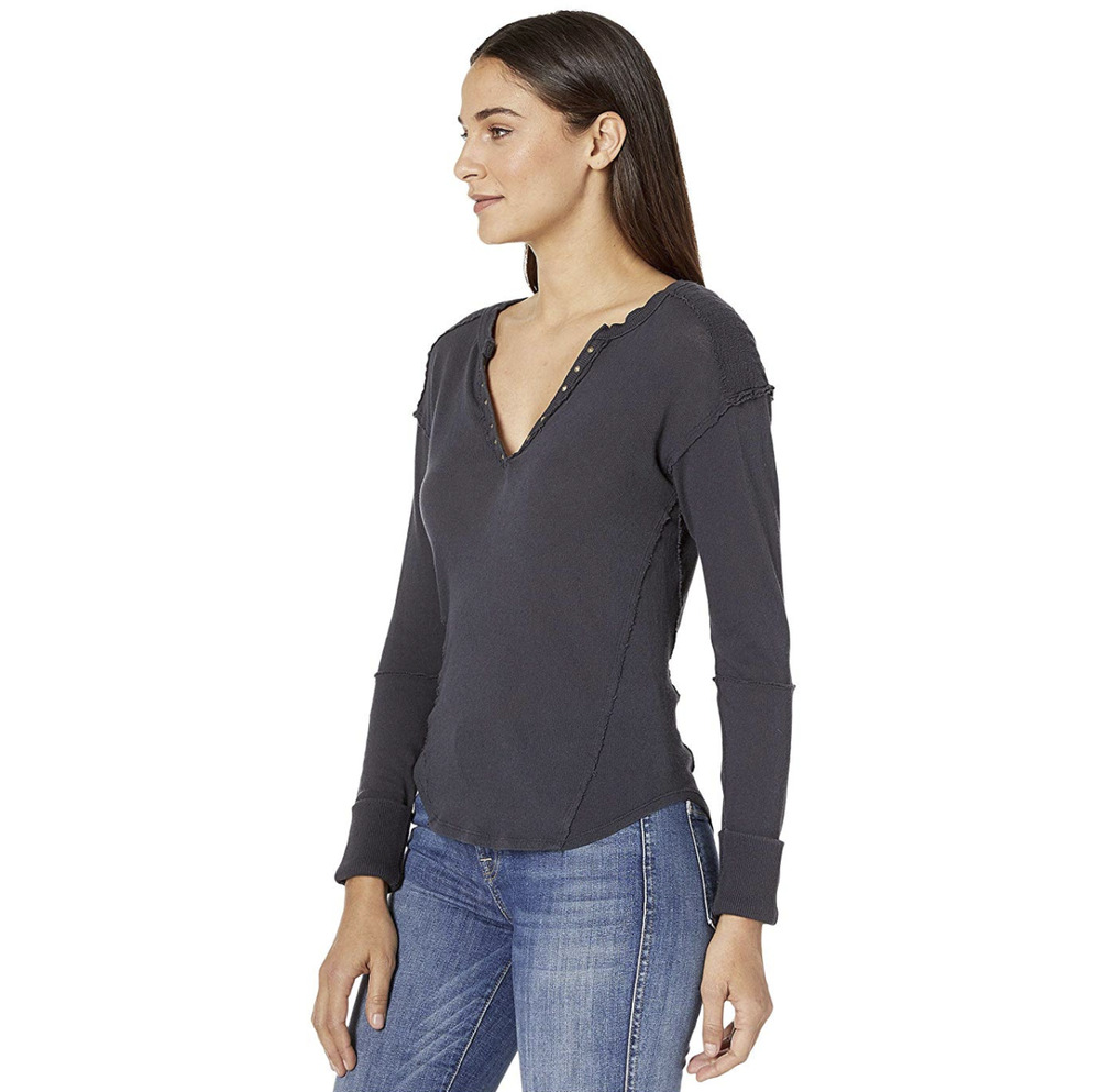 Free People Women Embellished Long Sleeve V-Neck Top Black Size XS
